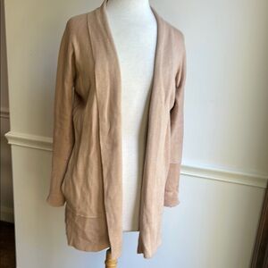 Max Studio Tan Women's Duster Cardigan Sweater Side slit Pockets Zipper Sleeve